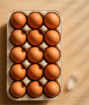 Top-down photo of 12 brown free-range organic eggs in a paper carton on a light wooden surface, one feather beside the carton, soft shadows from natural window light, clean background with warm organic tones.