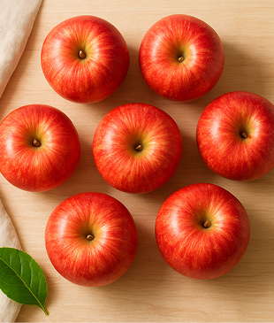 Top-down view of bright red organic Gala apples arranged on a light wooden surface with a piece of green leaf nearby, soft natural daylight, minimalist setup, linen napkin partially visible, styled for a fresh organic product website