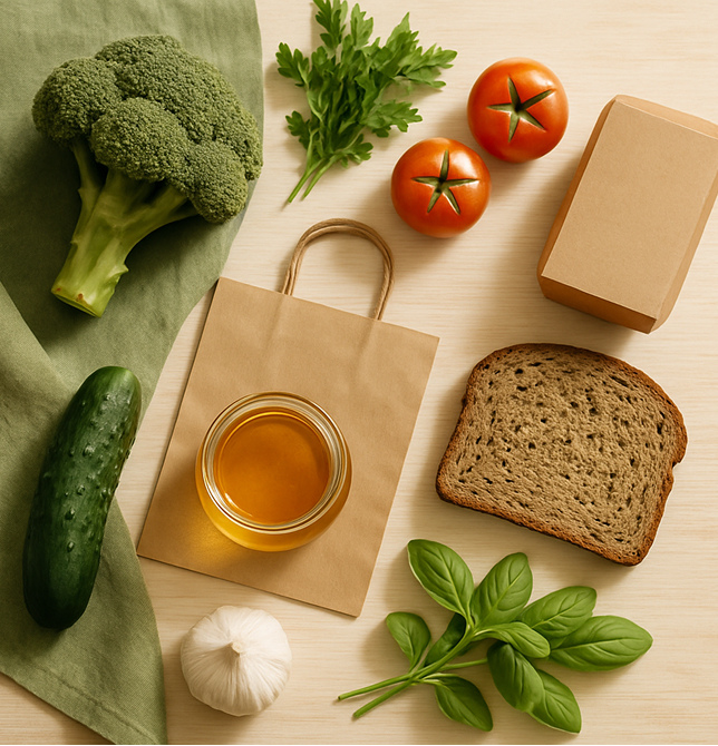 Top-down view of a natural flat lay showing a selection of organic food elements