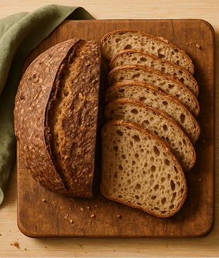Top-down view of a sliced loaf of organic wholegrain sourdough bread on a rustic wooden cutting board, placed on a light wooden surface with a green linen napkin and a few breadcrumbs around, warm natural tone