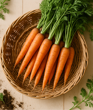 Top-down photo of fresh organic carrots with green tops arranged in a woven basket on a light wooden background, a hint of soil and greenery around, soft natural daylight, styled for a clean and earthy look.