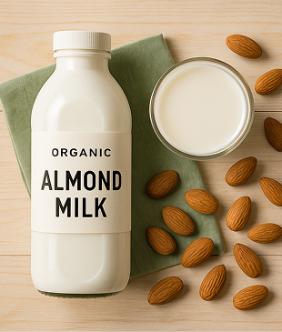 Top-down view of a white bottle labeled Organic Almond Milk beside a small glass of almond milk and scattered raw almonds, placed on a light wooden background with subtle green cloth texture for accent.