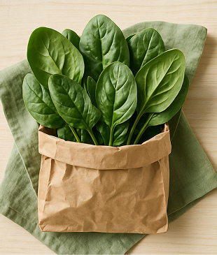 Top-down view of fresh organic spinach leaves inside a kraft paper bag, placed on a light wooden table with a soft green linen cloth underneath, natural daylight, crisp and clean layout, minimal rustic detail.