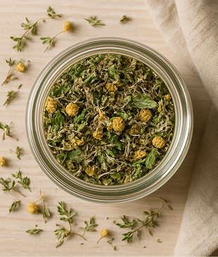 Top-down view of a glass jar with dried herbal tea mix (mint, chamomile, thyme) placed on a light wooden table, some loose herbs scattered around for texture, linen cloth and gentle natural lighting for a calming feel